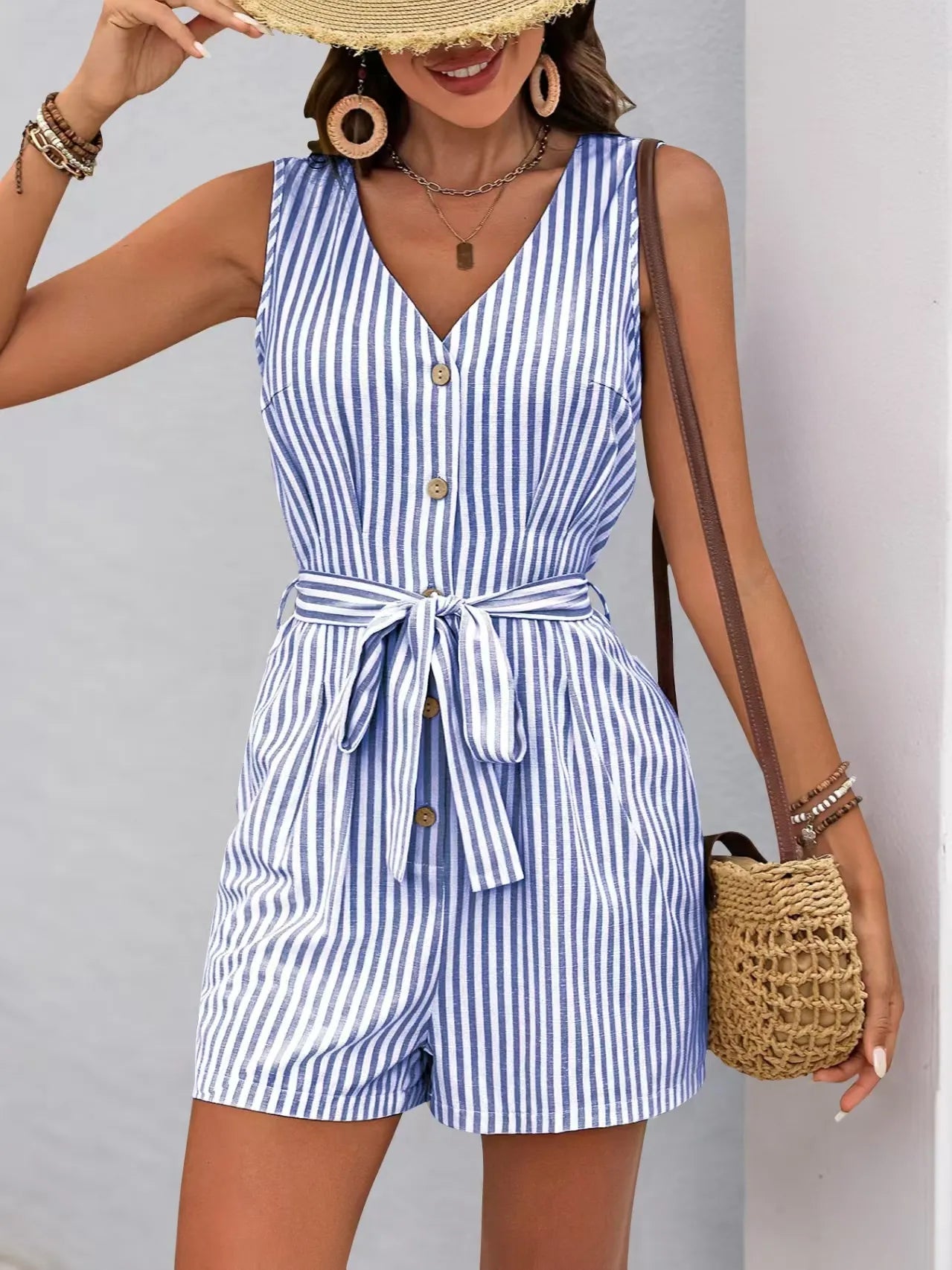 Striped V-neck Button Front Belted Romper - Velora