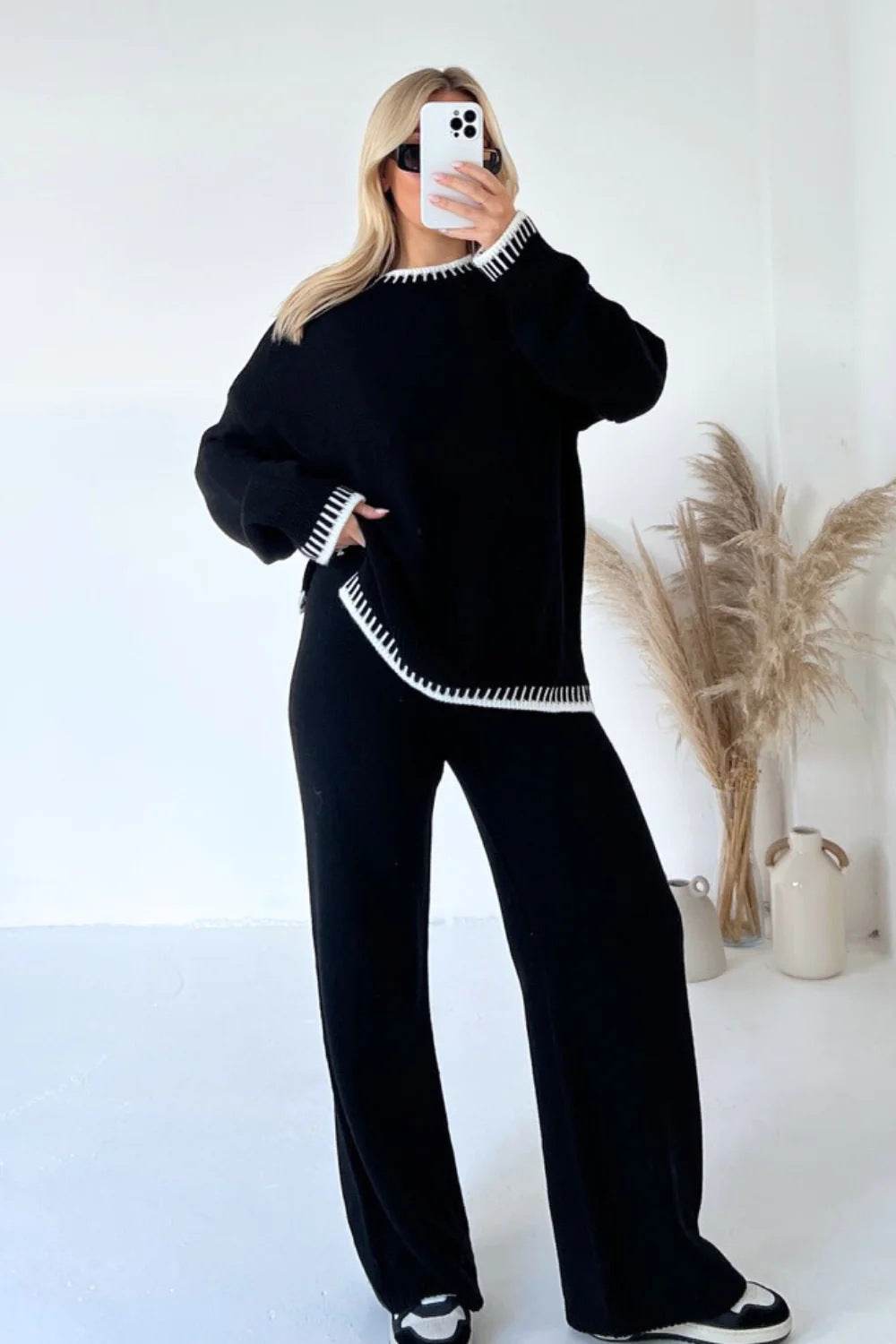Women's Suit Fashion Pullover Split Long-sleeved Top And Loose Straight Pants Solid Color Two-piece Set - Velora