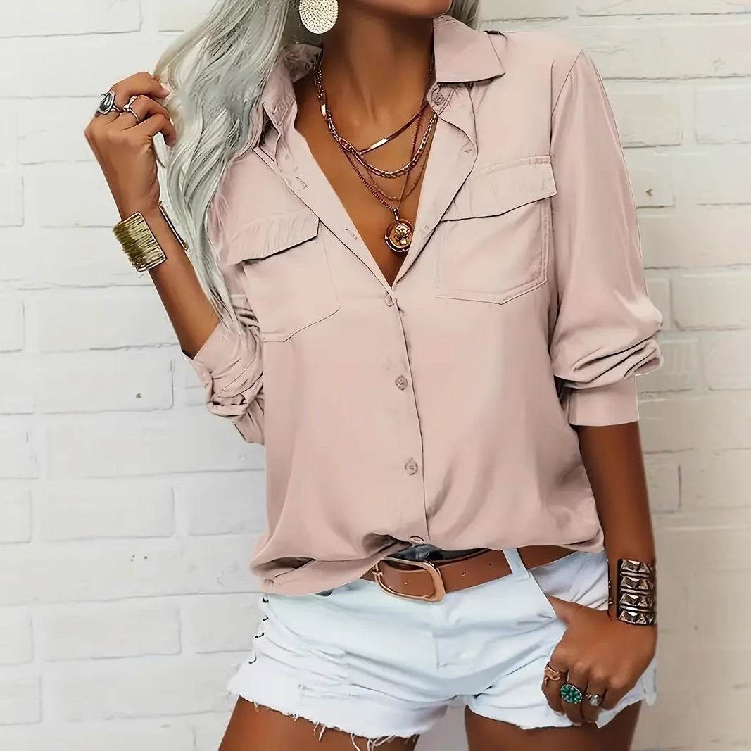 Women's Elegant Solid Chiffon Blouse Spring Summer Casual Long Sleeve V Neck Loose Shirt Office Lady Tunics Tops - Velora