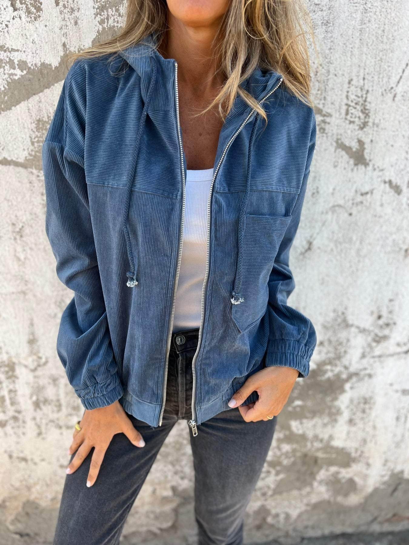Corduroy Hooded Zip-up Jacket With Pockets Fashion Casual Drawstring Tops Outerwear Women's Clothing - Velora
