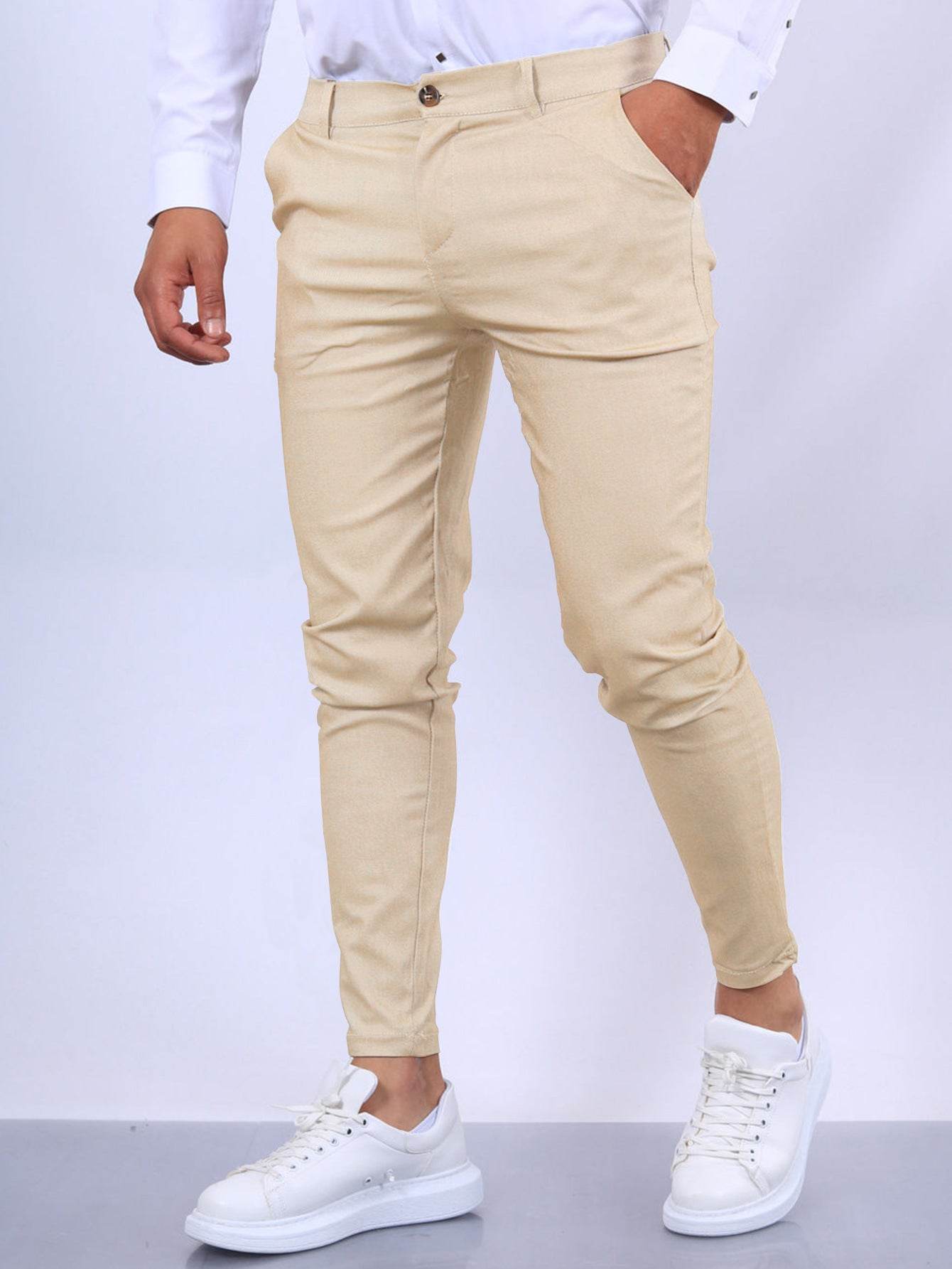 Men's Slim Button Trousers Fashion Solid Office Versatile Long Pencil Pants - Velora