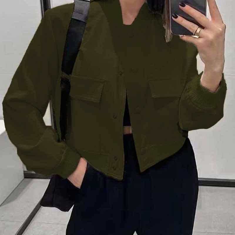 Fashion Button Stand-collar Jacket With Big Pockets Casual Loose Short Outwear Tops Coat For Women Clothing - Velora