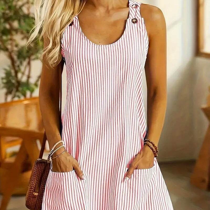 Summer Fashion Striped Patchwork Commuting U-Neck Sleeveless Pockets Back Button Casual Straight Slimming Mini Dress For Women - Velora