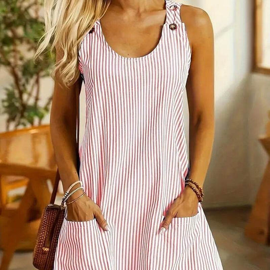 Summer Fashion Striped Patchwork Commuting U-Neck Sleeveless Pockets Back Button Casual Straight Slimming Mini Dress For Women - Velora