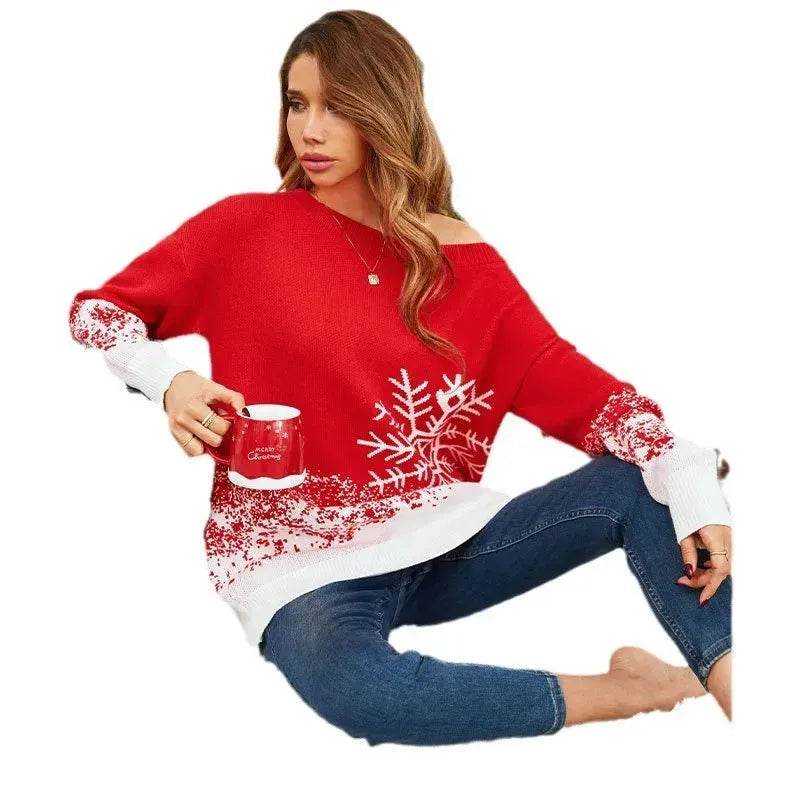 Snowflake Off-the-shoulder Cashmere Christmas Sweater top Women - Velora