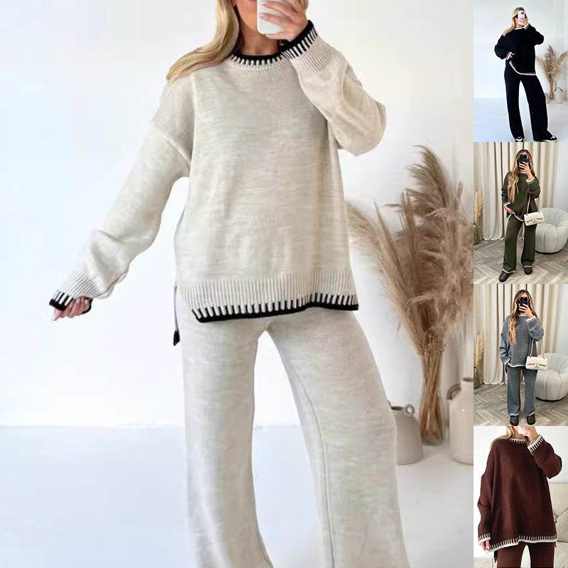 Women's Suit Fashion Pullover Split Long-sleeved Top And Loose Straight Pants Solid Color Two-piece Set - Velora