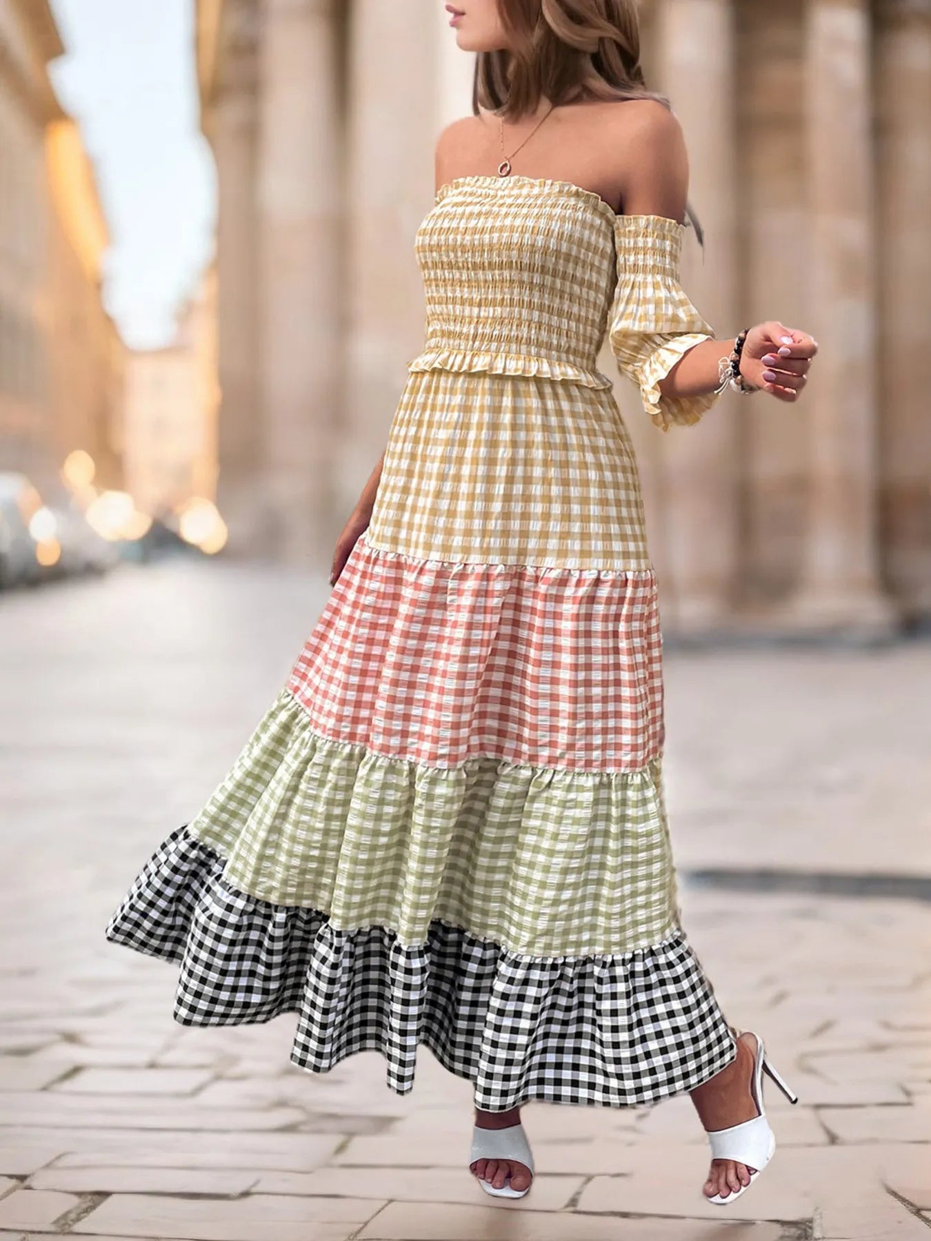 Color Block Plaid Off-Shoulder Maxi Dress - Velora