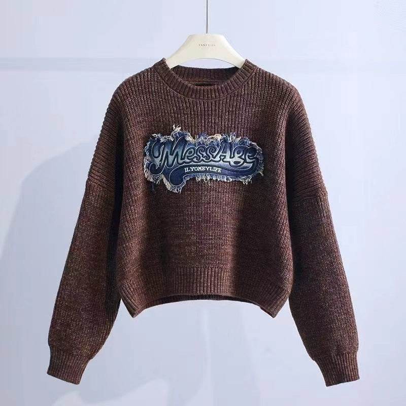 Tassel Denim Pattern Round Neck Sweater Top - Velora