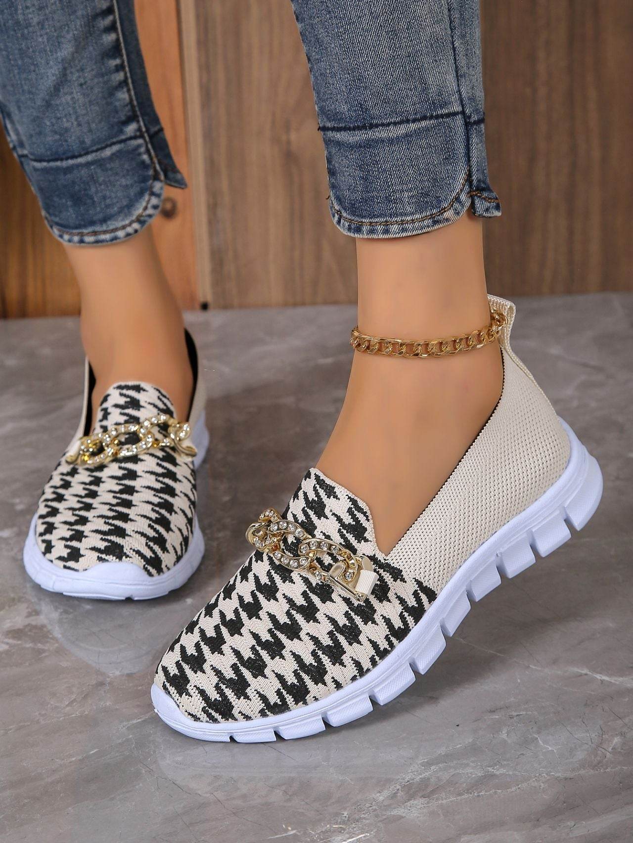 Casual Houndstooth Print Chain Mesh Shoes Summer Walking Sports Flat Shoes Women Breathable Loafers - Velora