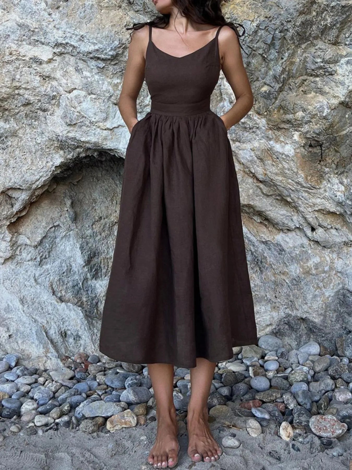 V-Neck Tie Shoulder Maxi Dress - Velora