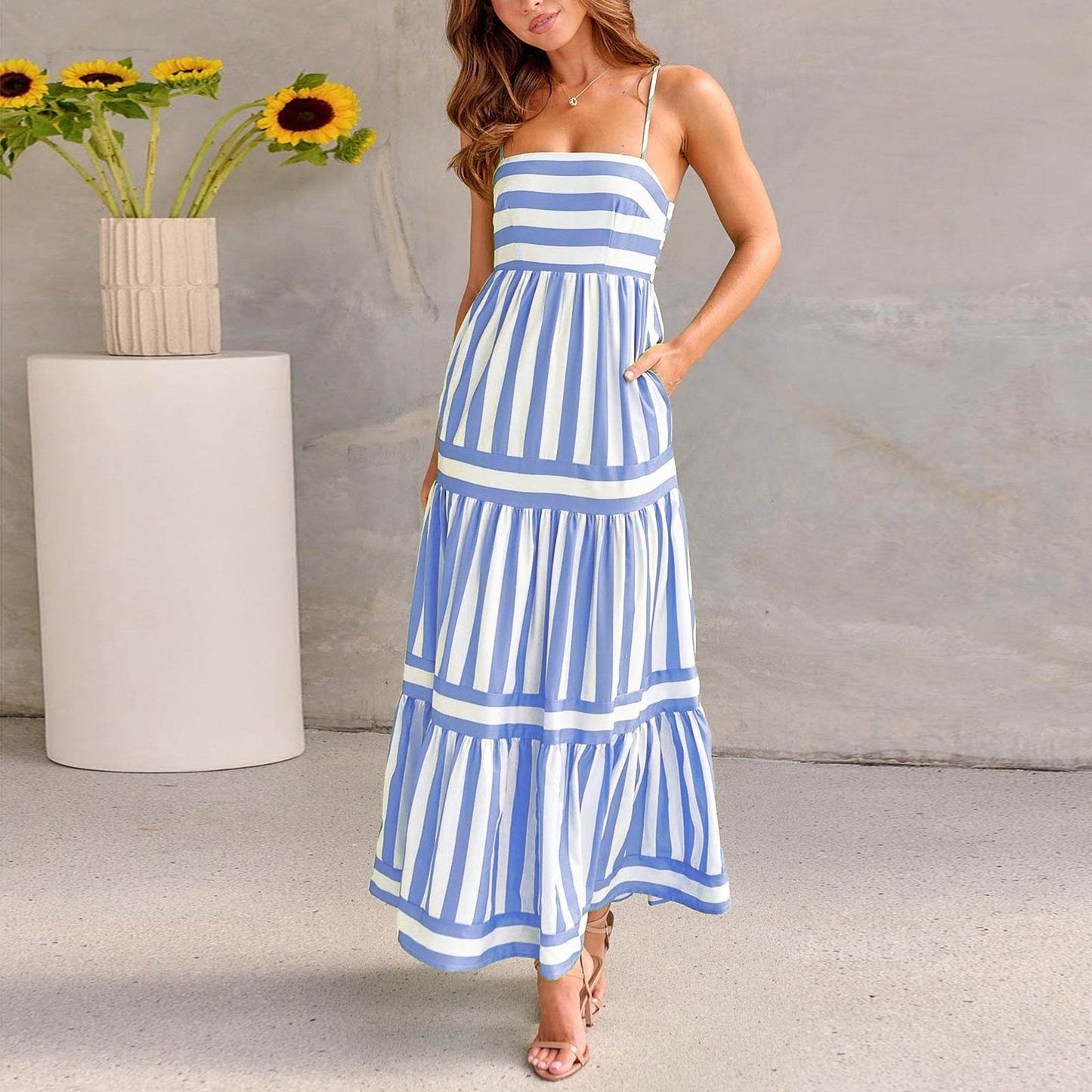 Summer Striped Printed Suspender Long Dress With Pockets Fashion Square Neck Backless Dresses For Beach Vacation Women Clothing - Velora
