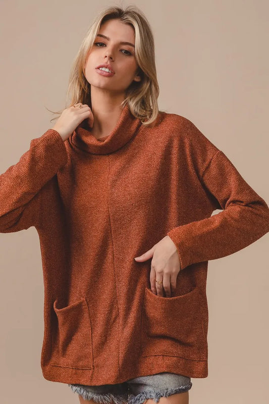 BiBi Piper Rib Double Pocket Turtle Neck Sweater - Velora
