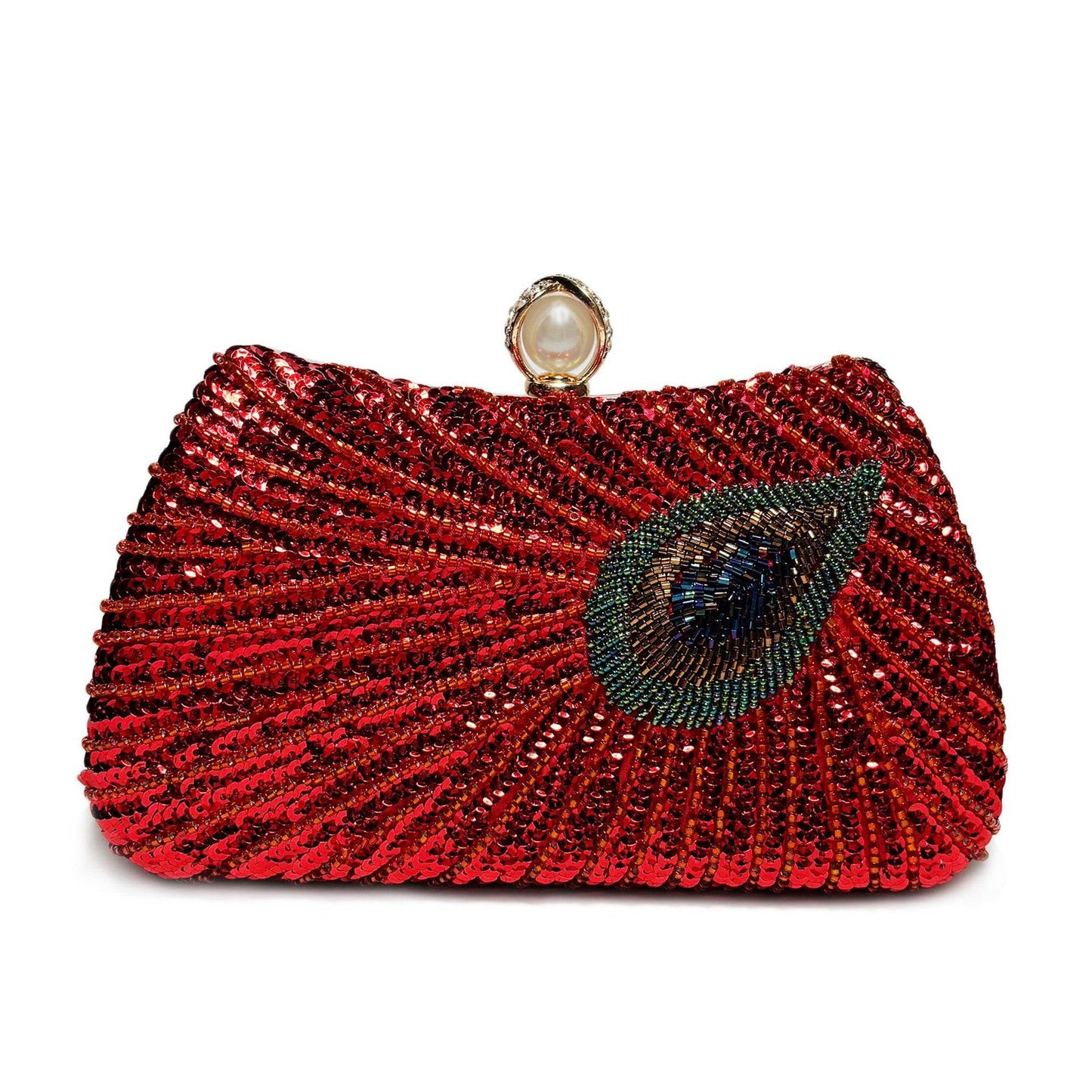 Beaded Peacock Feather Large Pearl Rhinestone Large Capacity Crossbody Shoulder Bag - Velora