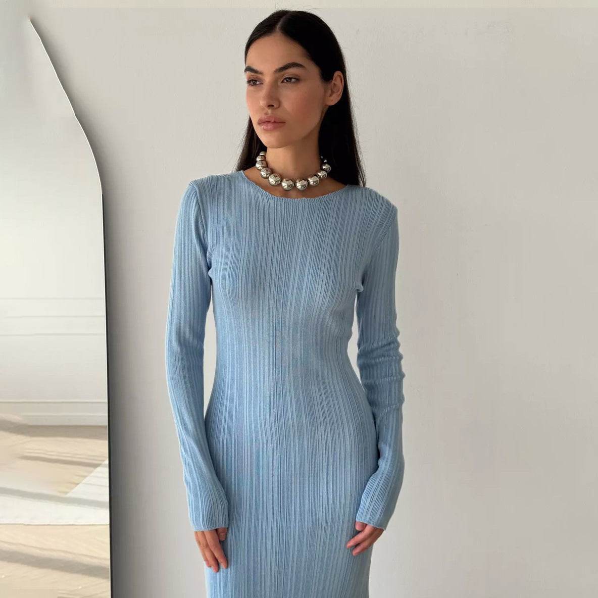 Sunken Stripe Waist-tight Hip Knitwear Dress Long Sleeve - Velora