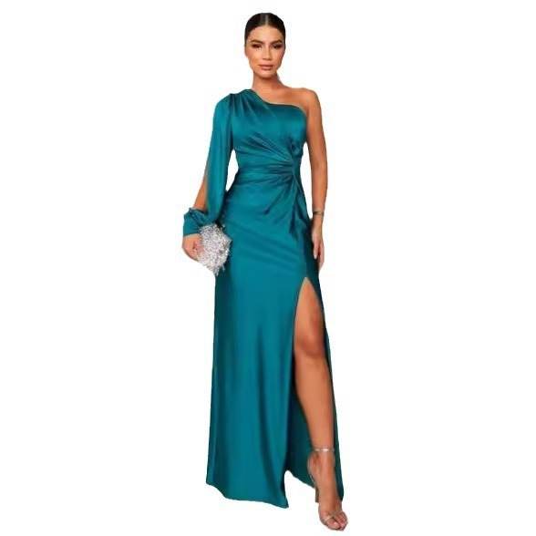 Women's One-shoulder Split Dress Ins Fashion Long-sleeved Slim Long Dresses Party Evening Clothing - Velora