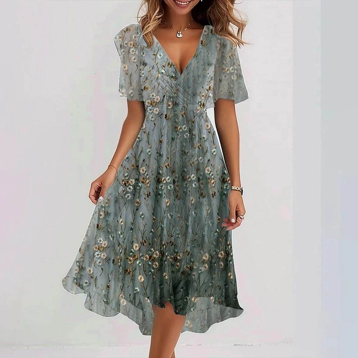 Chiffon Printed Short Sleeve Dress Summer Elegant V-neck Dresses Womens Clothing - Velora