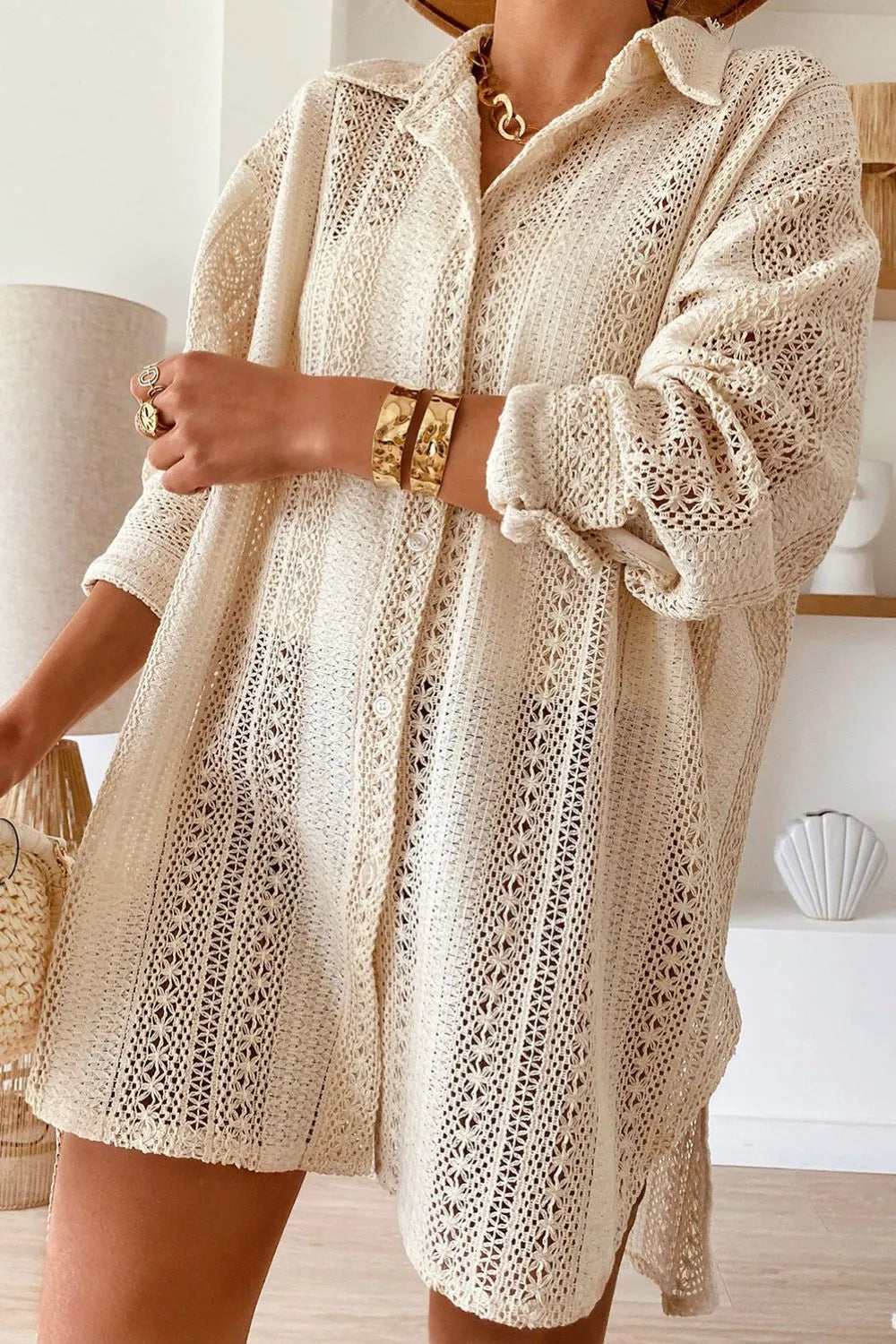 Lace Crochet Collared Neck Oversized Shirt - Velora