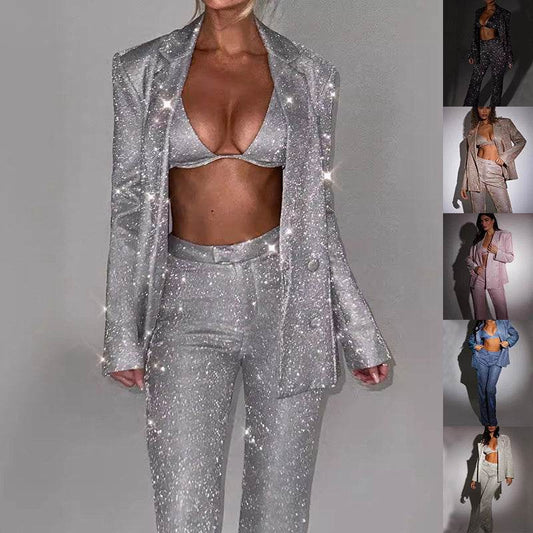 3pcs Shiny Long-sleeved Suit With Bra Lapel Blazer And Straight-leg Trousers Fashion Party Jacket Set For Women Clothing - Velora