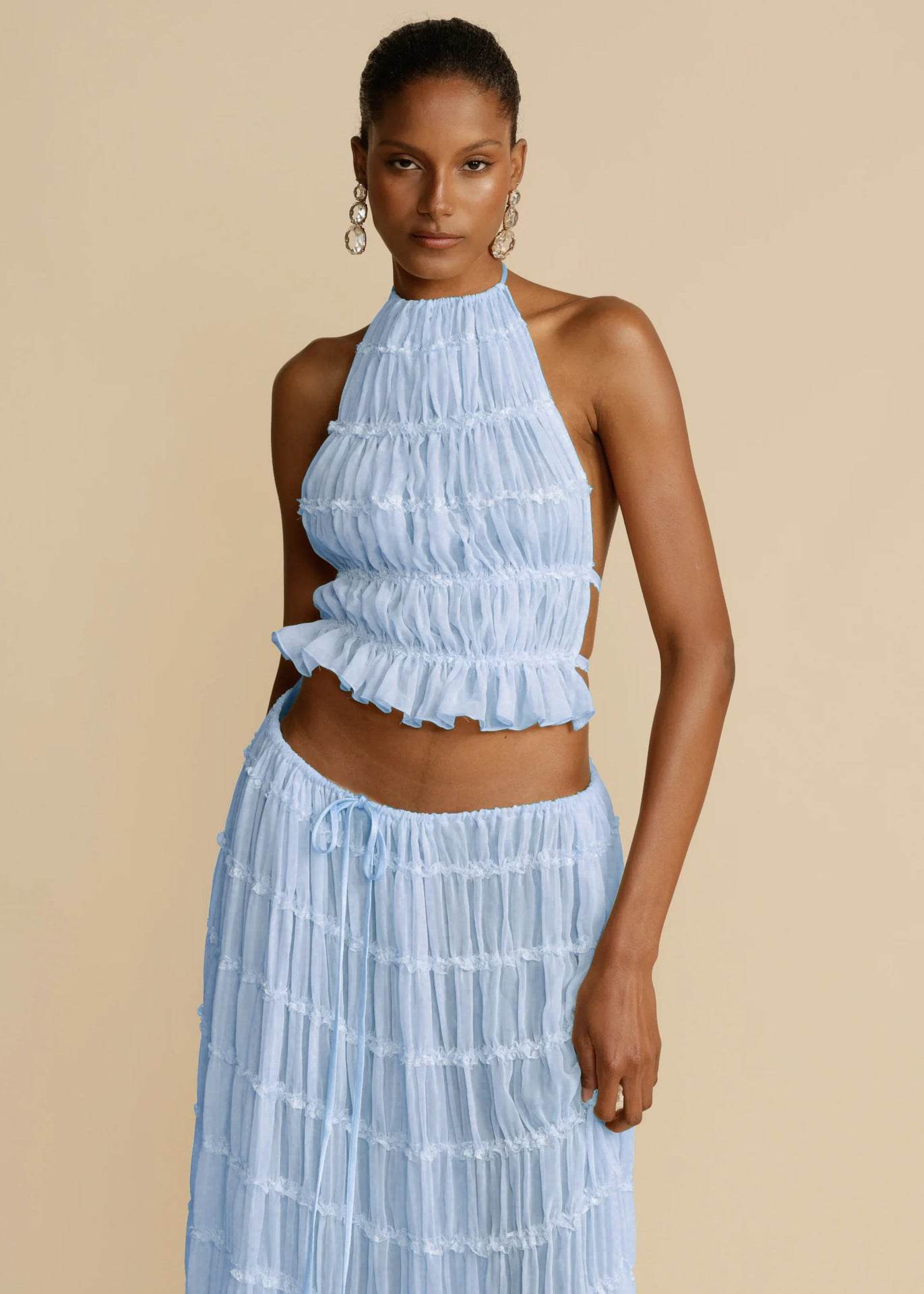 2pcs Women's Dress Suit Sexy Sleeveless Backless Cropped Halter Top And Pleated Long Dress - Velora