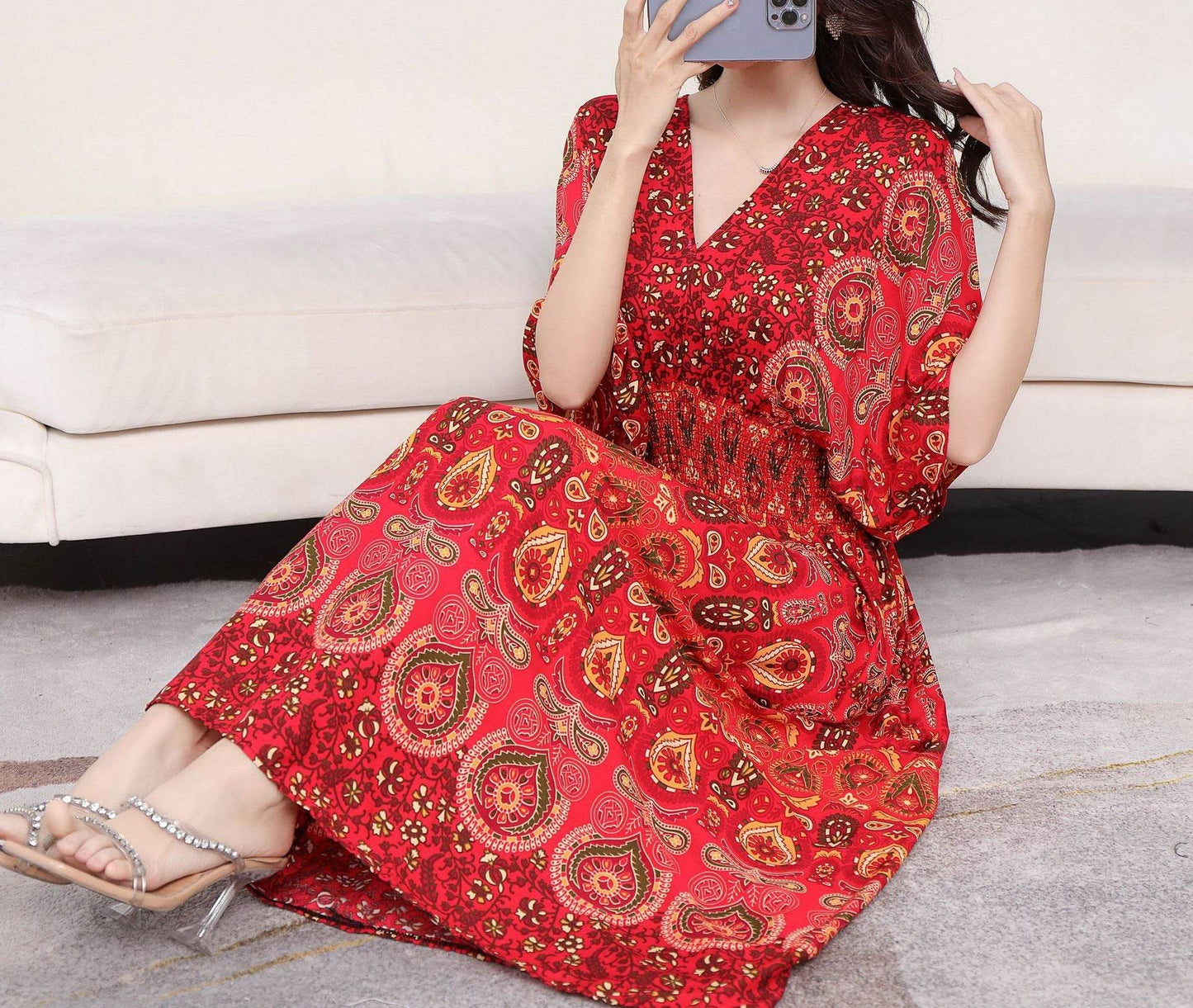 Cotton Silk Floral Dress Women's Summer Ethnic Style V-neck Short Sleeve Pastoral Style Skirt - Velora