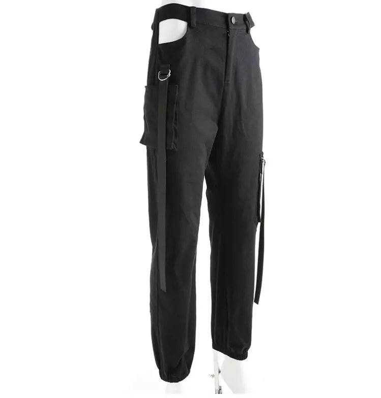 Women Black High Waist Pencil Pants Pockets Patckwork Hollow Out Pants Fashion Women Streetwear Cargo Pants Women Pants - Velora