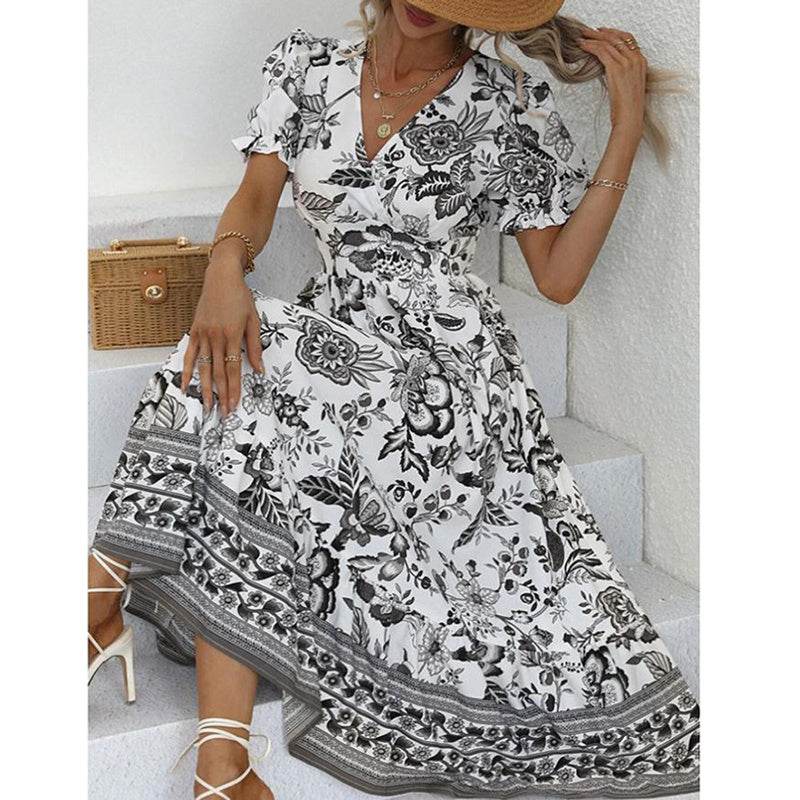 Puff Sleeve dress V Neck Blue Floral Bohemian Midi Dress - Velora