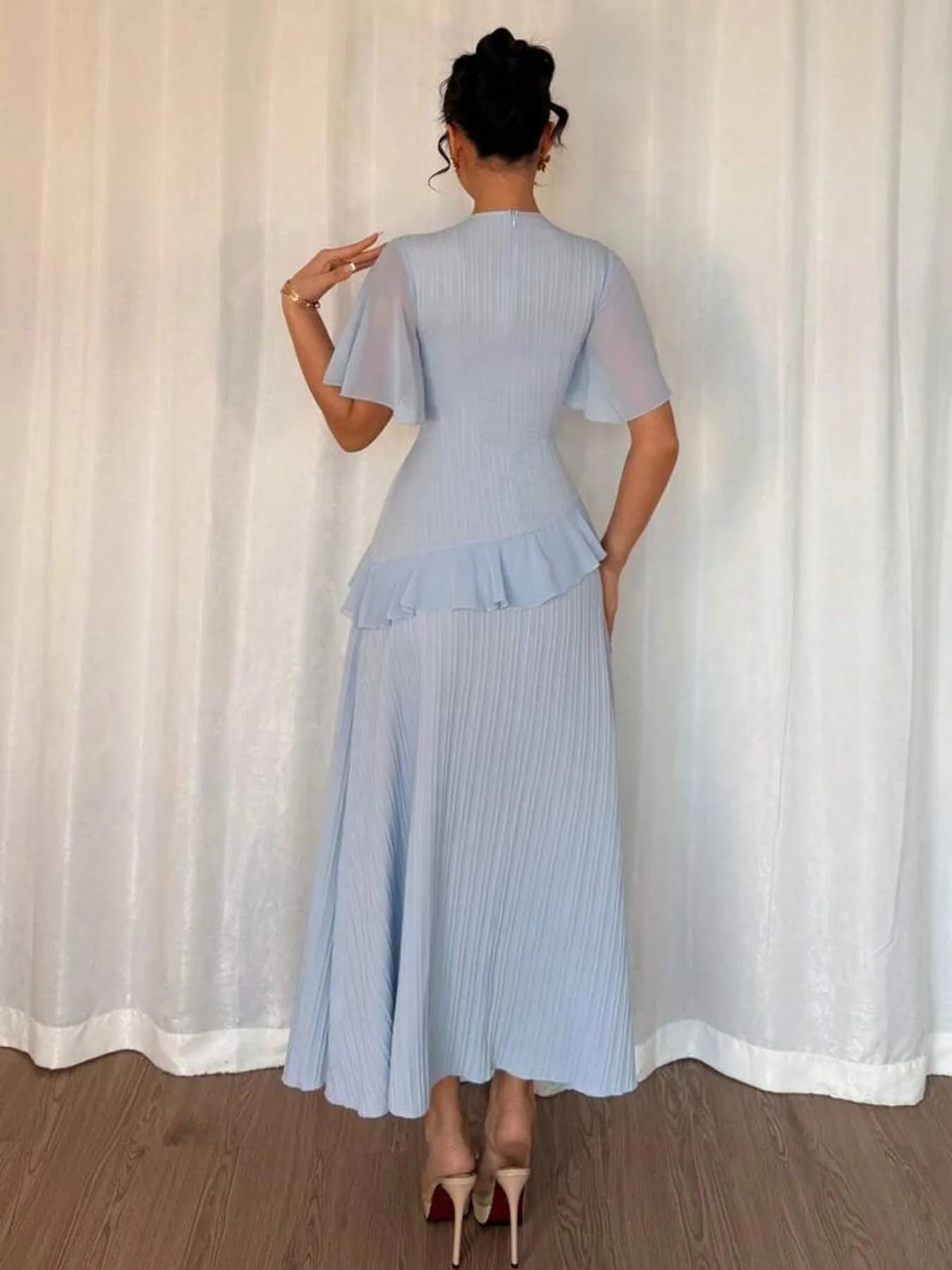 Ruffled Round Neck Flutter Sleeve Dress - Velora