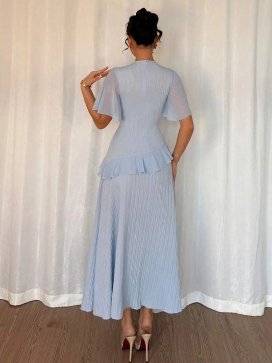Ruffled Round Neck Flutter Sleeve Dress - Velora