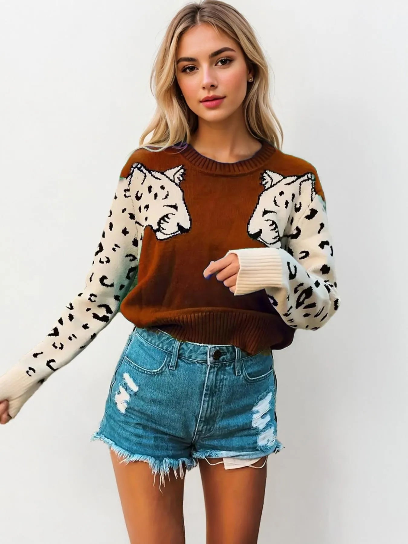 Leopard Round Neck Sweater - Velora