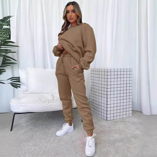 Women's Solid Color Round Neck Pullover Sweatshirt Pants - Velora