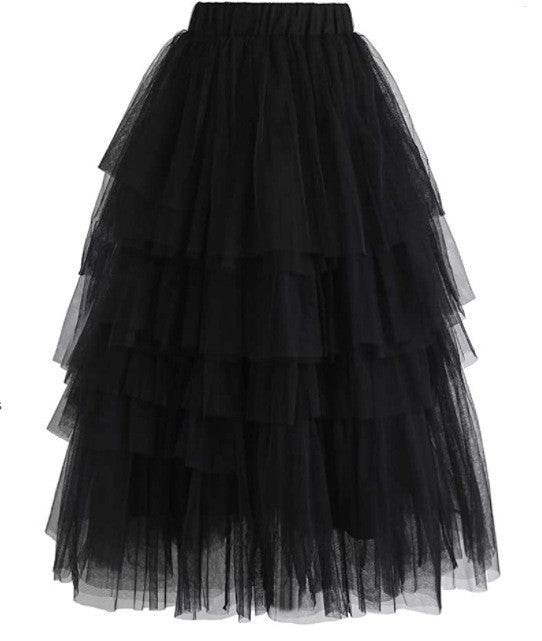 Summer Long Wave Ruffle Layered Ruched High Waist Midi tulle Skirt - Velora