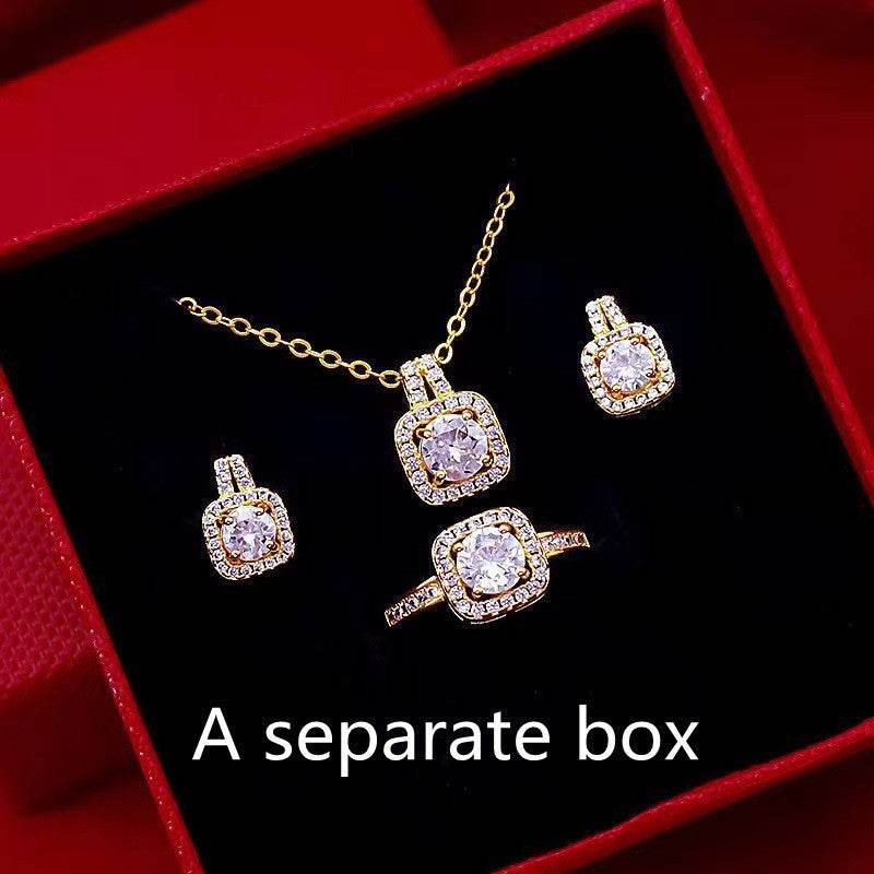 Fashion Jewelry Set Zircon Gem Pendant Chain Choker Necklace For Women Gold Color Stud Earring Statement Wedding Ring - Velora