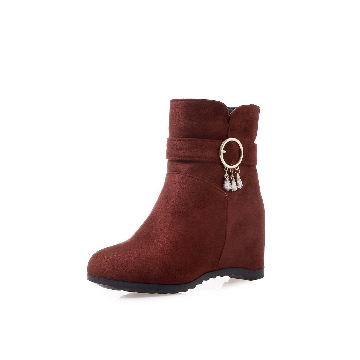 Fringed Round Toe Wedge Heel Winter Ladies Short Boots - Velora