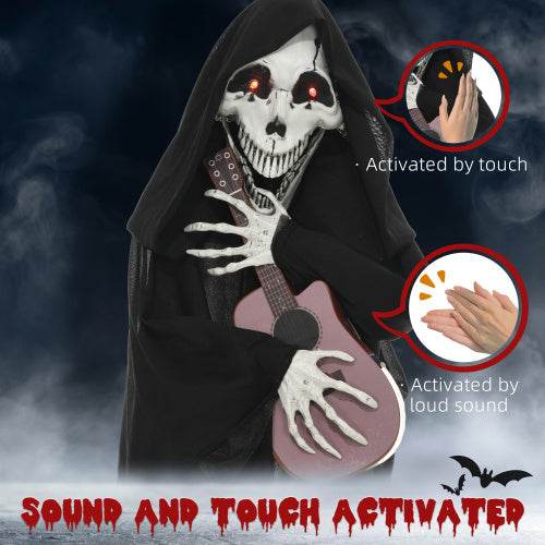 HOMCOM 4.3 Outdoor Halloween Decoration Animatronic Guitar-playing Grim Reaper, Sound And Motion Activated Animated Prop With Light Up Eyes Guitar Music - Velora