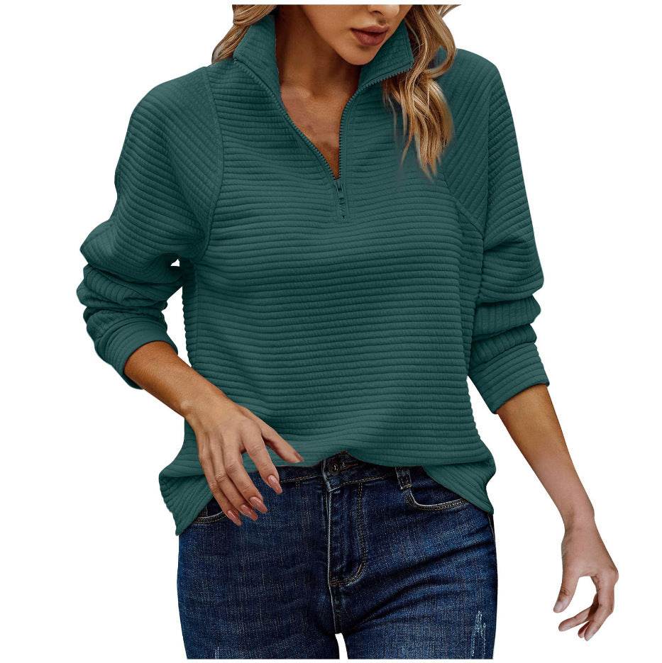Zipper Stand Collar Pullover Sweatshirt Fashion Solid Striped Long Sleeve Top Spring And Autumn Women's Clothing - Velora