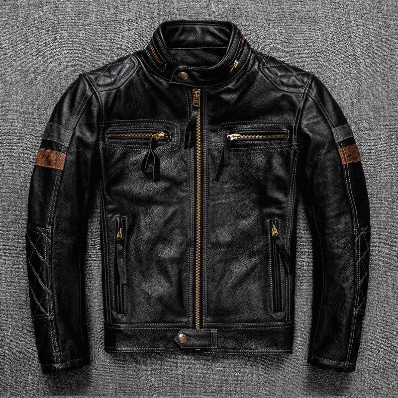 First Layer Cowhide Leather Coat Men's Stand Collar Motorcycle Cycling Clothing - Velora