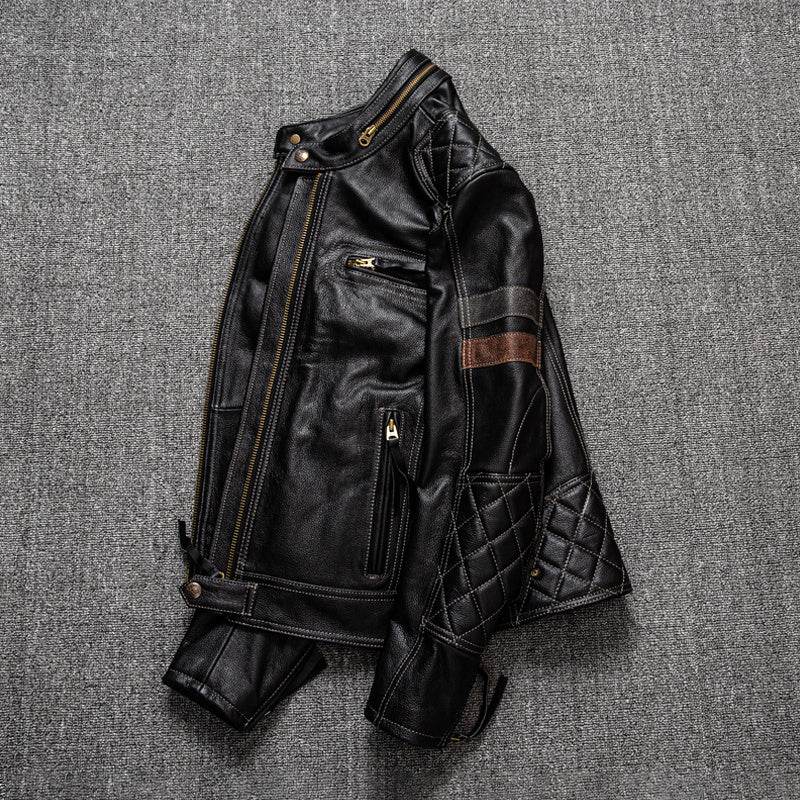 First Layer Cowhide Leather Coat Men's Stand Collar Motorcycle Cycling Clothing - Velora