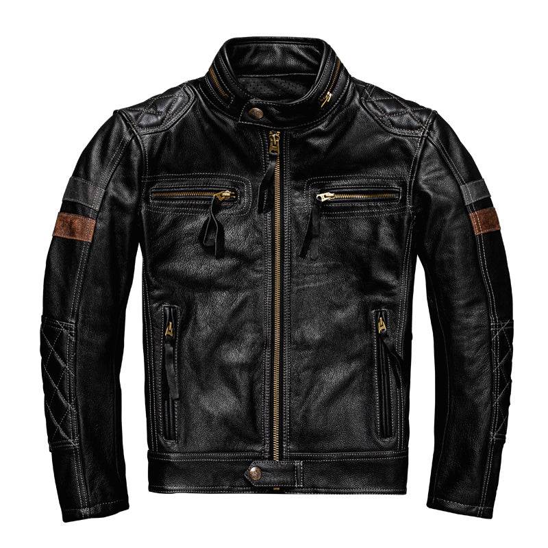 First Layer Cowhide Leather Coat Men's Stand Collar Motorcycle Cycling Clothing - Velora