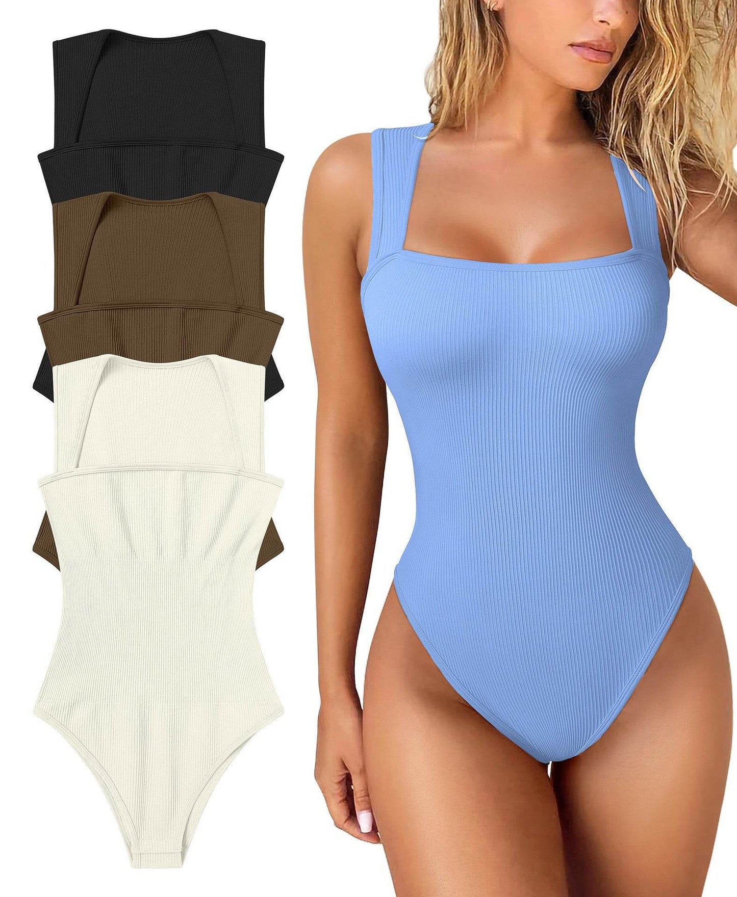 Thread Square Neck Jumpsuit Sleeveless Slim Fit Tank Top Summer Shapewear - Velora