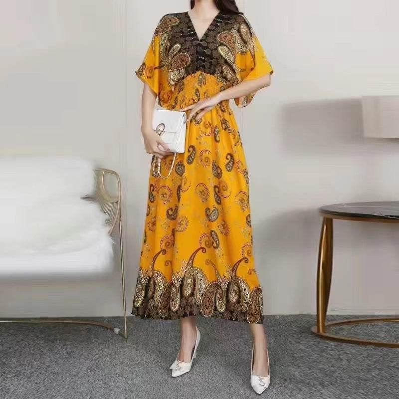 Cotton Silk Floral Dress Women's Summer Ethnic Style V-neck Short Sleeve Pastoral Style Skirt - Velora