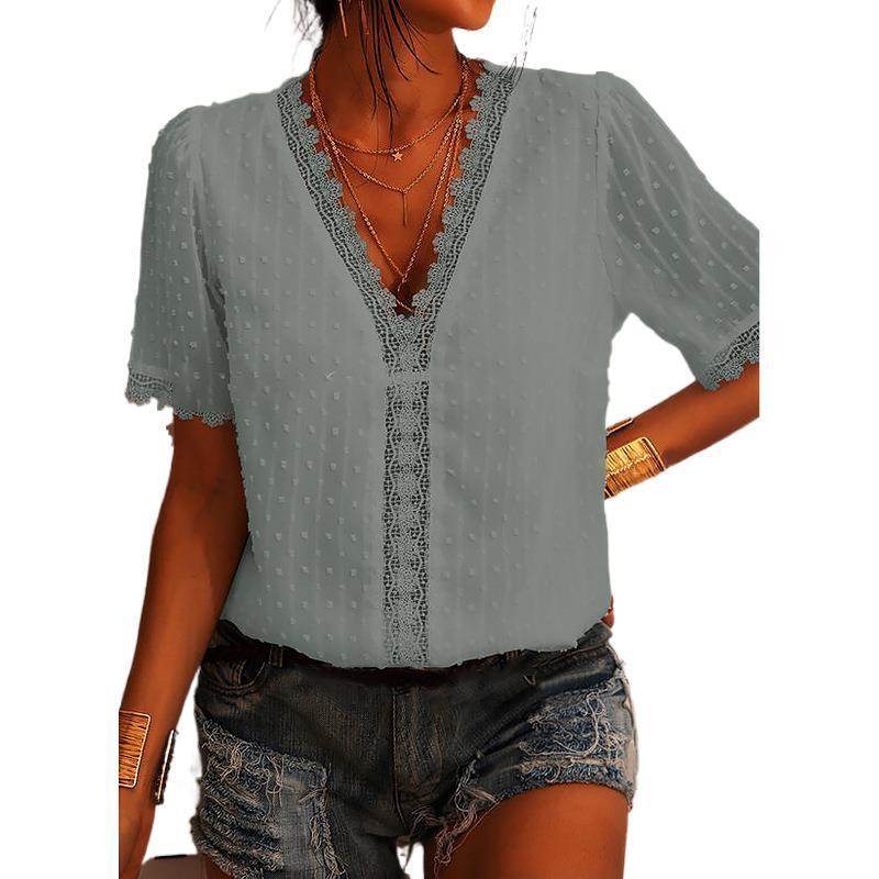 Women Chiffon blouse top European And American spring summer Embroidered Lace Short-Sleeved Blouse Women - Velora