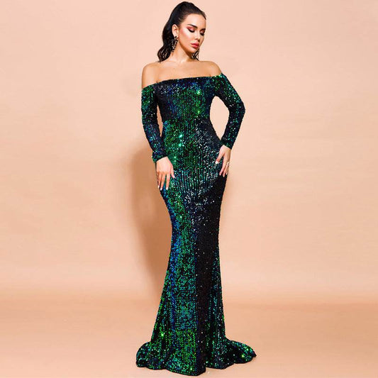 Sexy Strapless Long Sleeve Sequins Party Evening Dress - Velora