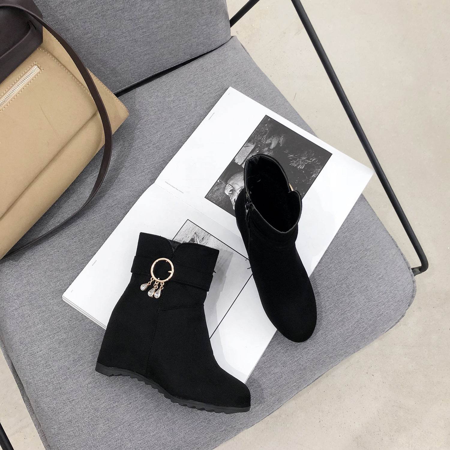 Fringed Round Toe Wedge Heel Winter Ladies Short Boots - Velora