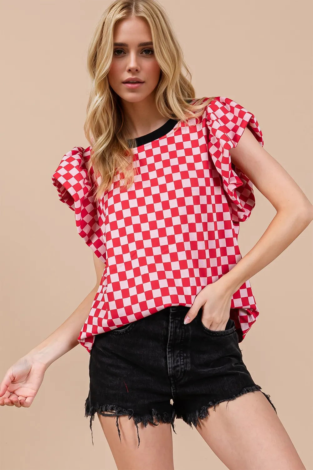 Oh Checkered Round Neck Puff Sleeve Blouse - Velora