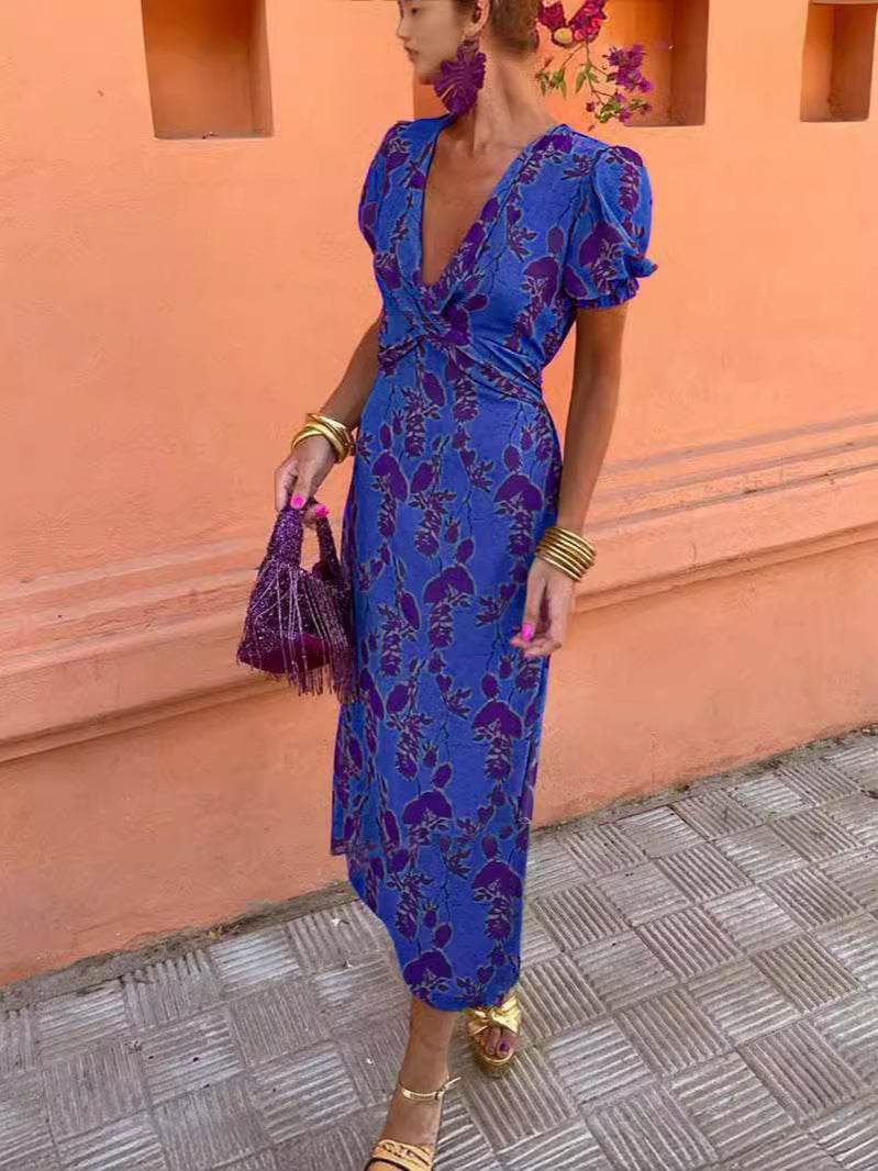 Summer V-neck Short-sleeved Dress Fashion Flowers Printed Slim Beach Dresses For Women Clothing - Velora