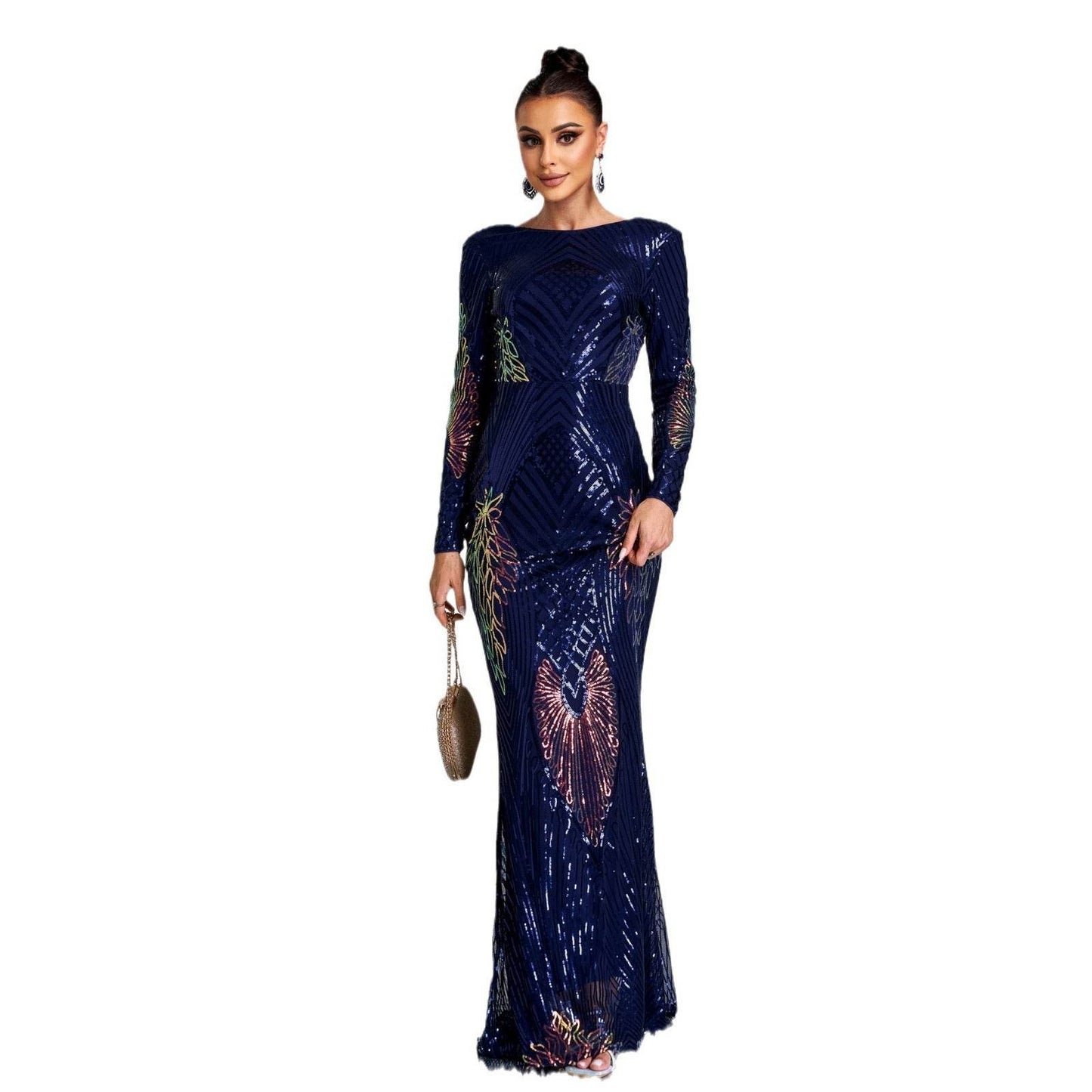 Long Sleeve Temperament Crew Neck Sexy Long Sequined Banquet Evening Dress - Velora