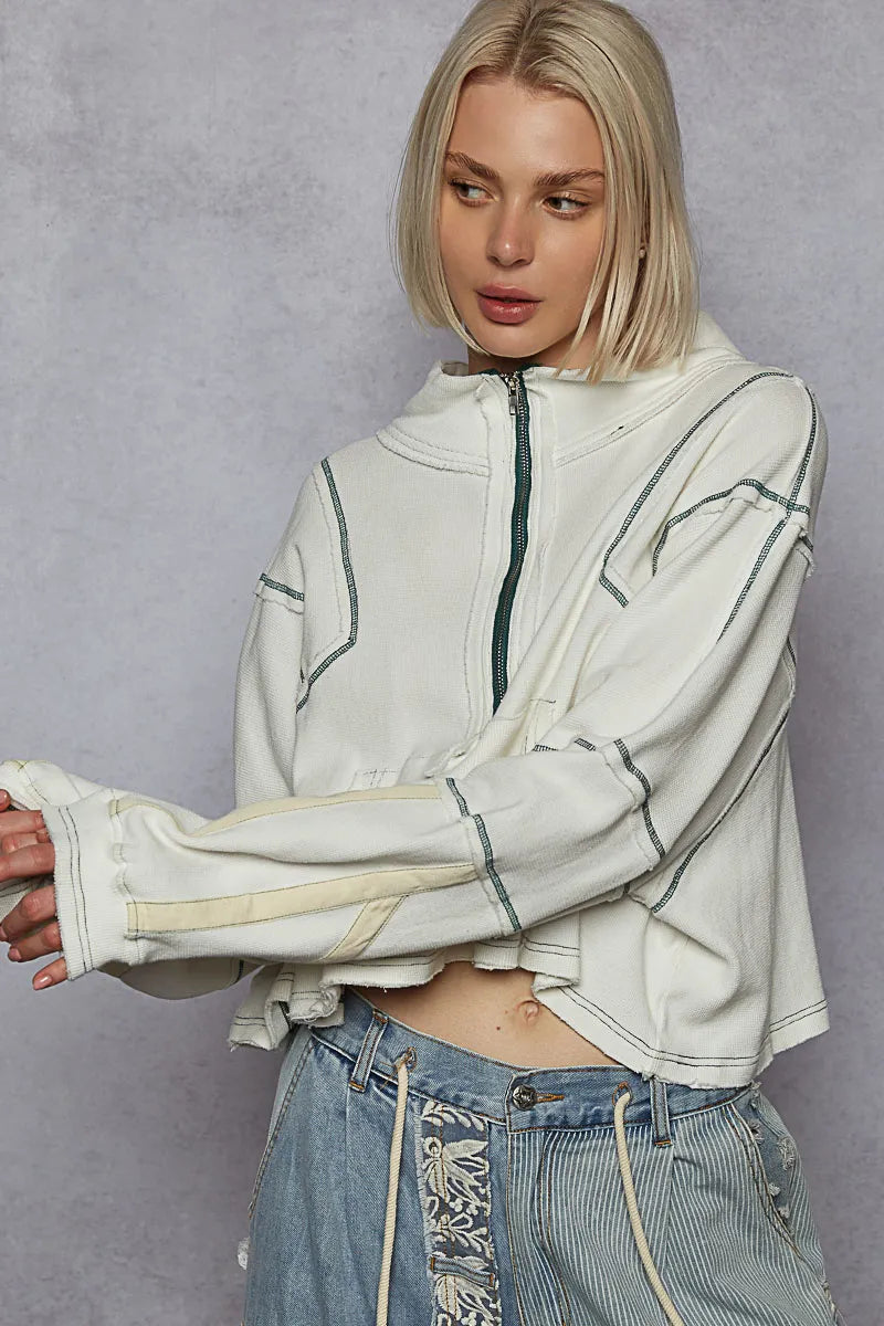 POL Contrast Stitching Zip Front Sweatshirt - Velora