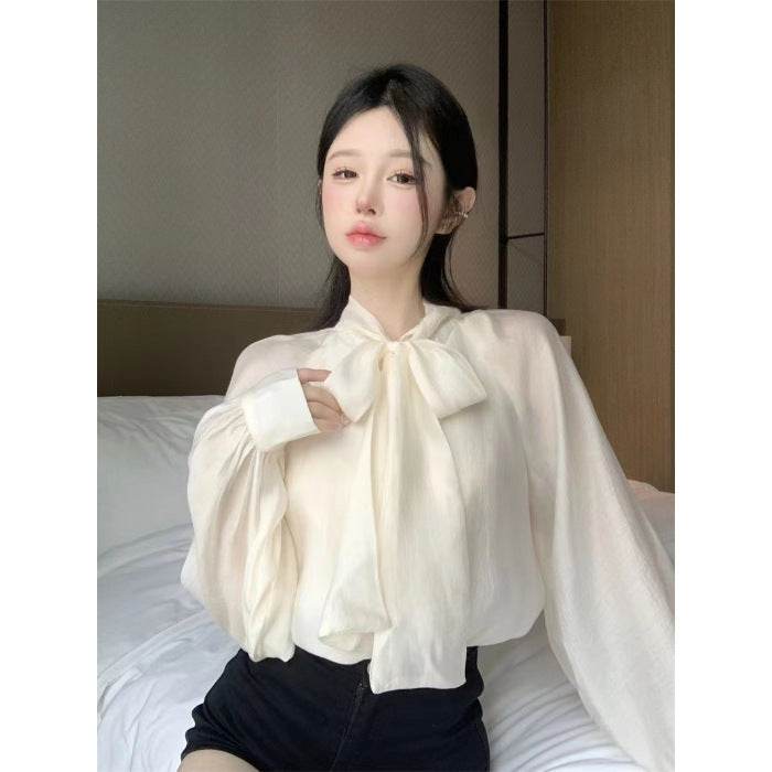 Autumn French Style Temperament Tie Bow Loose And Stylish Long Sleeves - Velora
