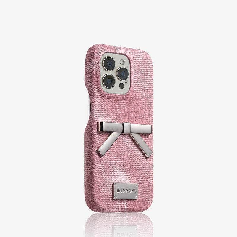 White Denim Metal Bow Anti Drop Silicone Phone Case - Velora