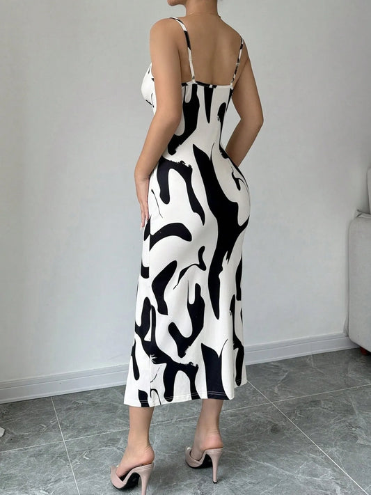 Slit Cow Print Spaghetti Strap Midi Dress - Velora